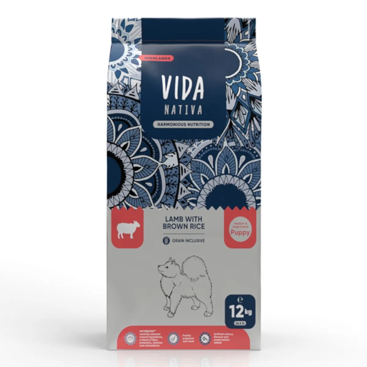 VIDA NATIVA Highlands M-XL Miel și orez brun hrană uscată câini junior 12kg