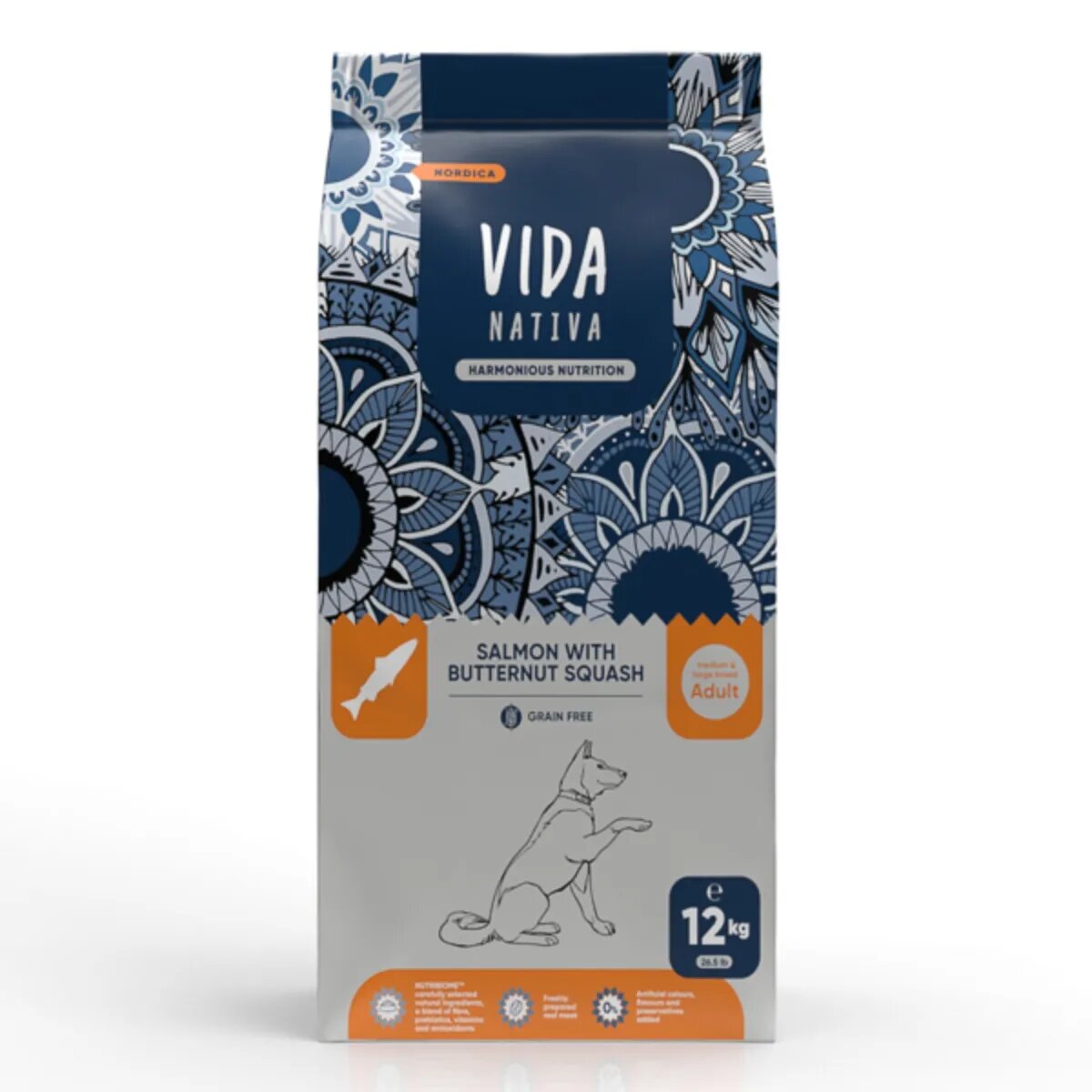 VIDA NATIVA Nordica M-XL Somon și dovleac hrană uscată fără cereale câini 12kg