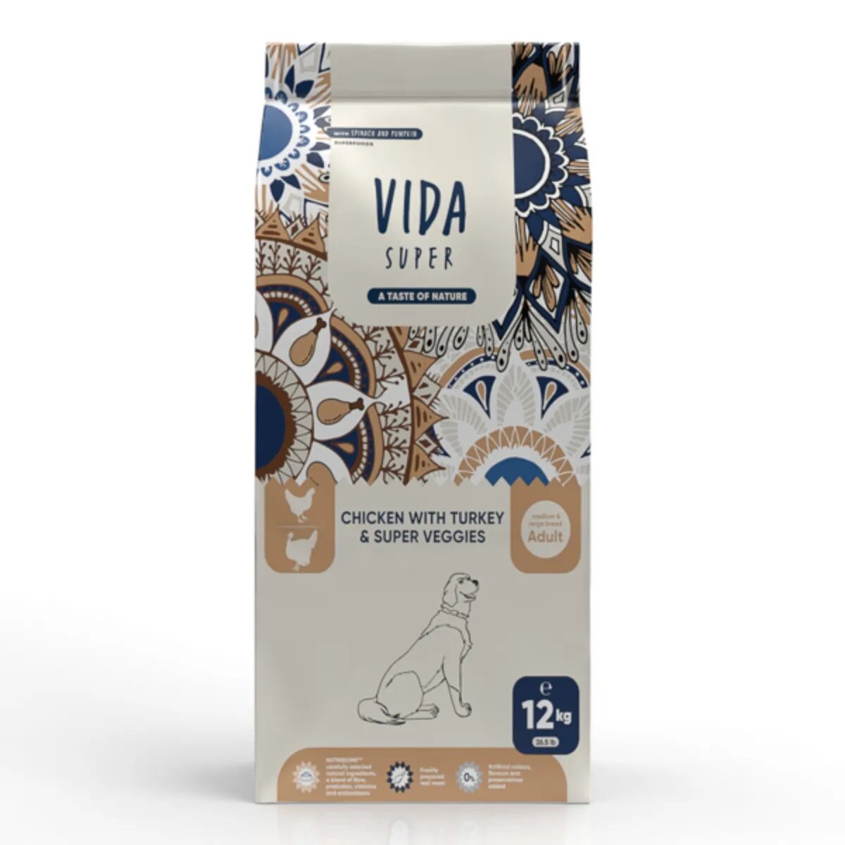 VIDA SUPER M-XL Pui Curcan și Legume hrană uscată câini 12kg