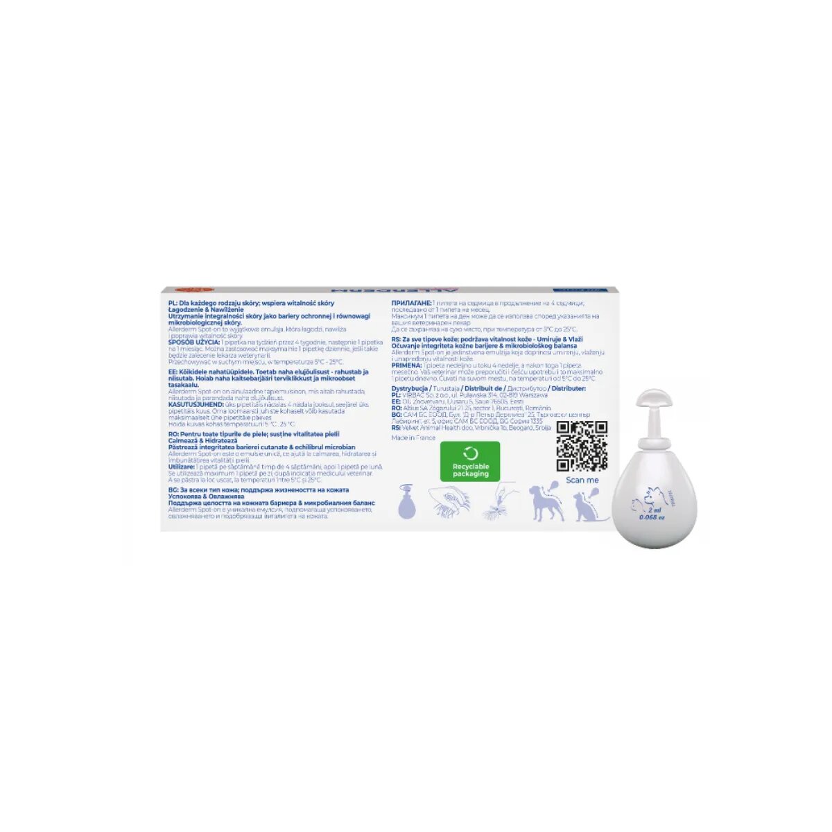 Virbac Allerderm Spot On M-XL tratament adjuvant pipete câini piele & blană alergii 4mlx6buc Allerderm Spot-On Medium & Large M-XL tratament adjuvant pipete câini piele sensibilă calmant cutie 4mlx6buc