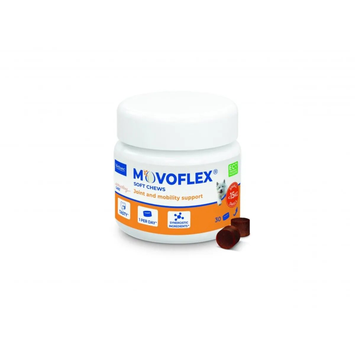 Virbac Movoflex Soft Chews (pana la 15kg) supliment sistem articular câini comprimate masticabile Movoflex Soft Chews (pana la 15kg) XS-S supliment sistem articular câini flacon 30 comprimate masticabile