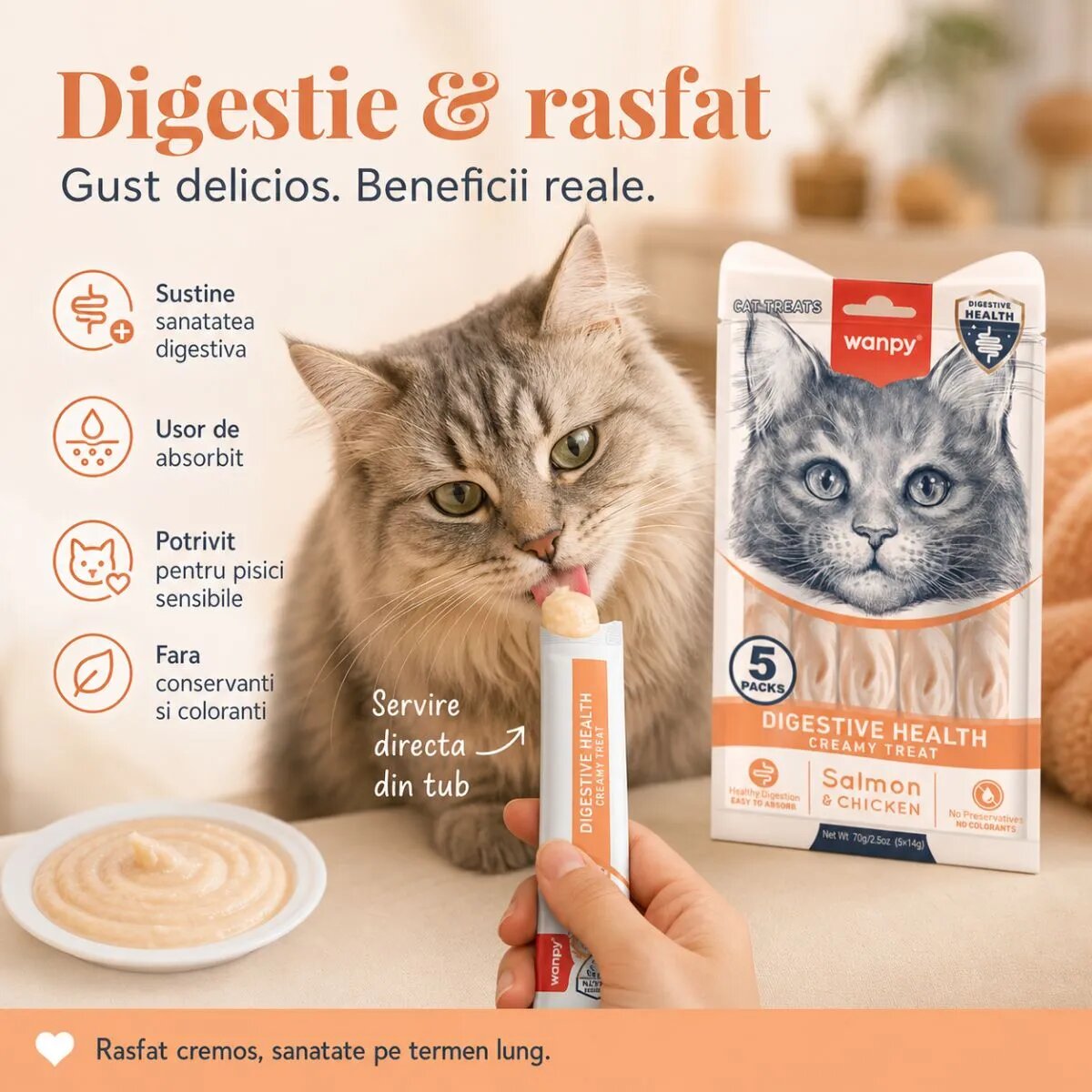WANPY Creamy Digestive Health Somon și Pui punguță recompense funcționale pisici sistem digestiv (piure) 70g