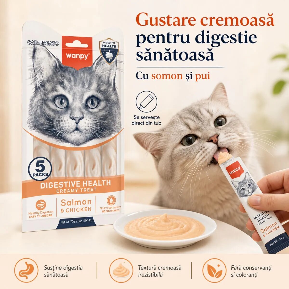 WANPY Creamy Digestive Health Somon și Pui punguță recompense funcționale pisici sistem digestiv (piure) 70g