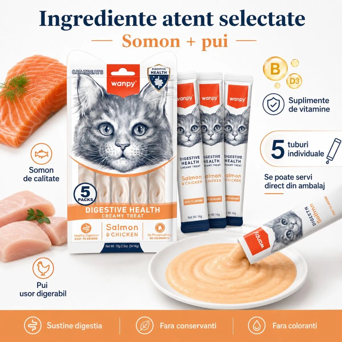 WANPY Creamy Digestive Health Somon și Pui punguță recompense funcționale pisici sistem digestiv (piure) 70g