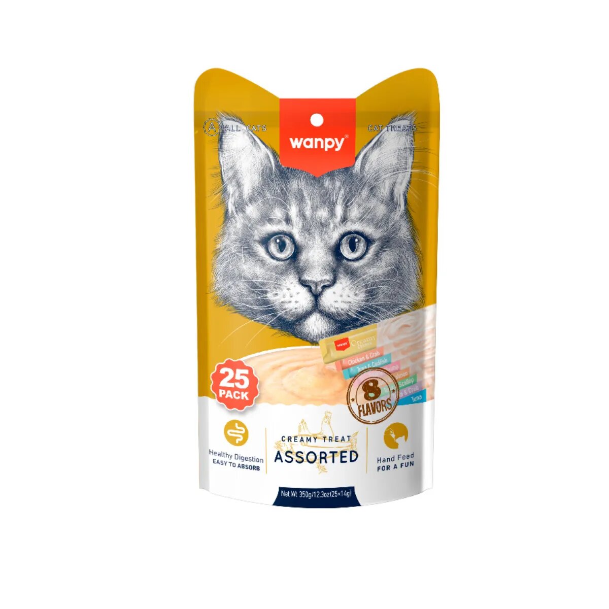 WANPY Creamy Treat Assorted 8 Flavors Ton Somon și Pui punguță recompense pisici (piure) 350g
