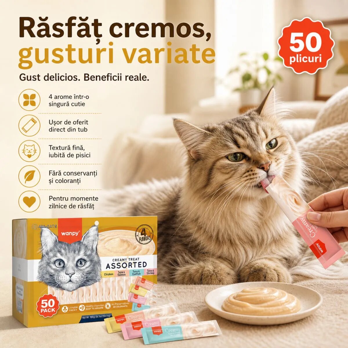 WANPY Creamy Treat Assorted Pui și Ton punguță recompense pisici (piure) 350g