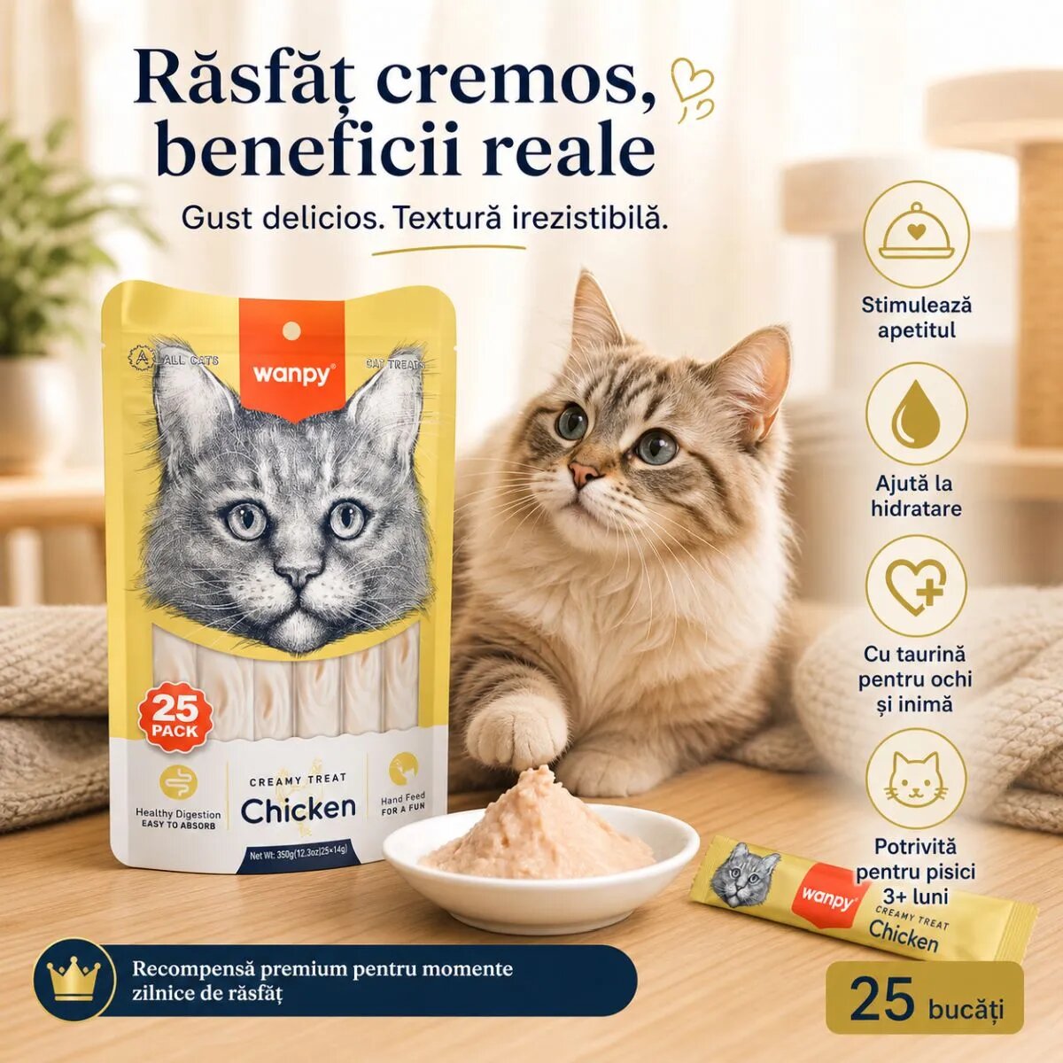WANPY Creamy Treat Pui punguță recompense pisici (piure) 350g
