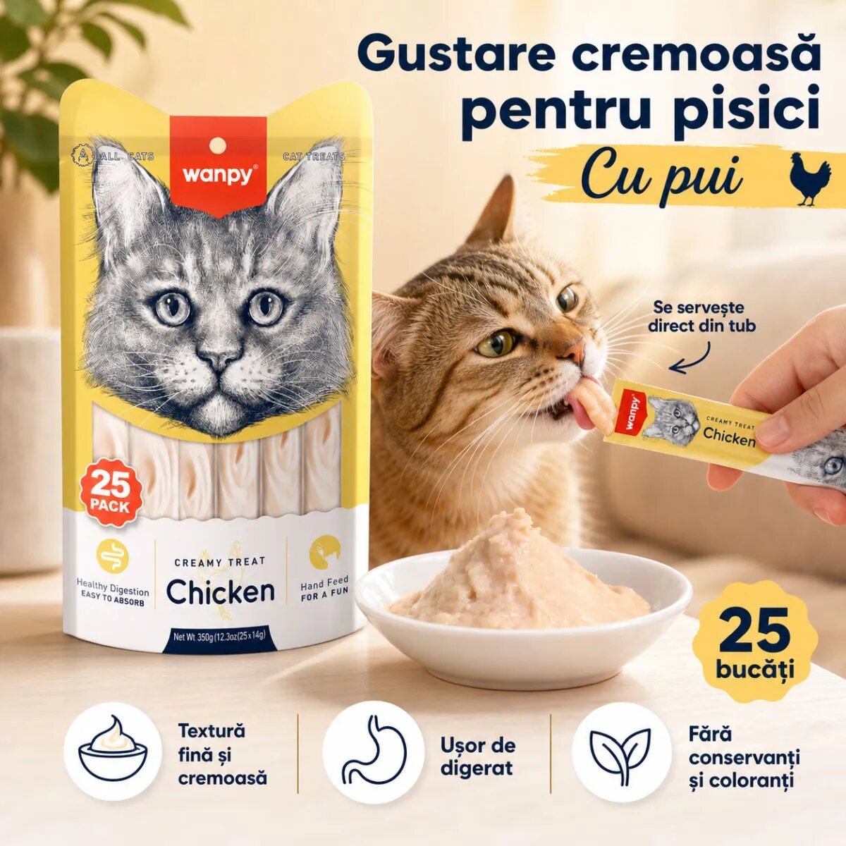 WANPY Creamy Treat Pui punguță recompense pisici (piure) 350g