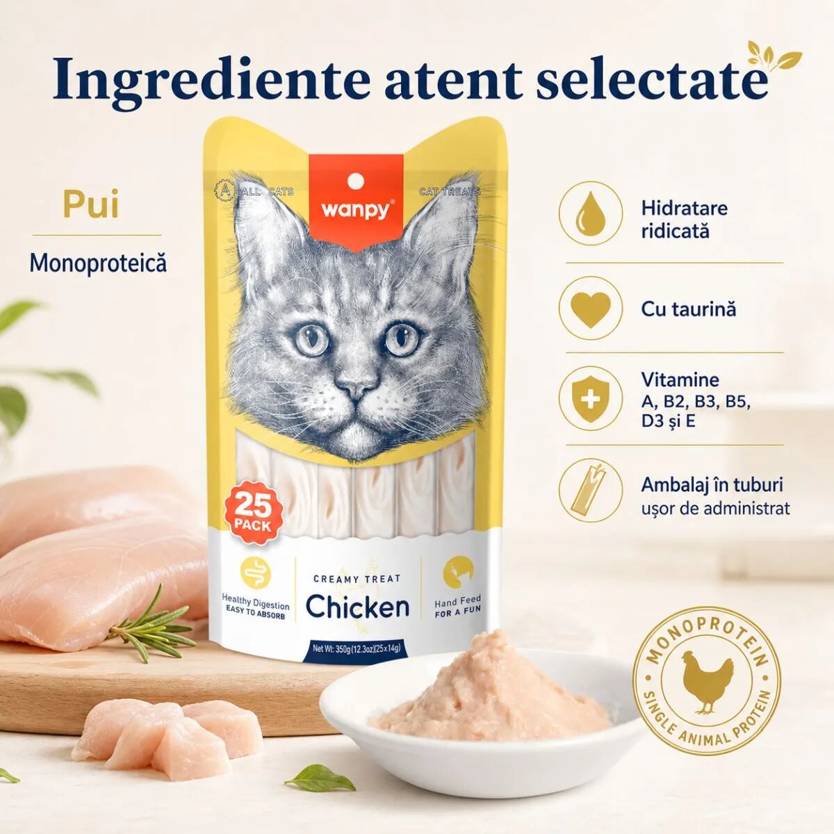 WANPY Creamy Treat Pui punguță recompense pisici (piure) 350g