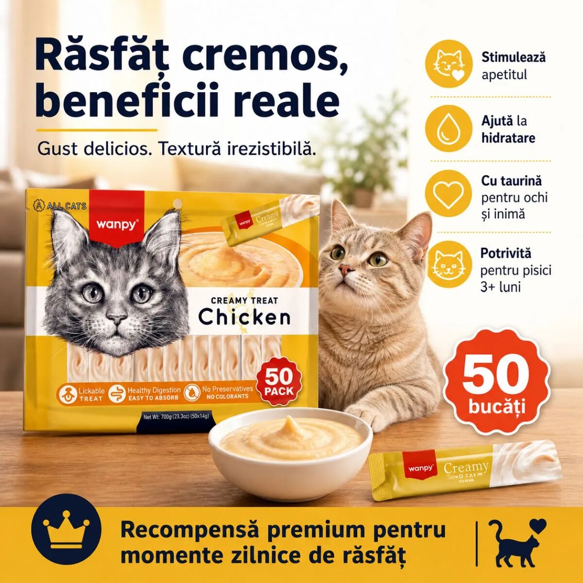 WANPY Creamy Treat Pui punguță recompense pisici (piure) 700g