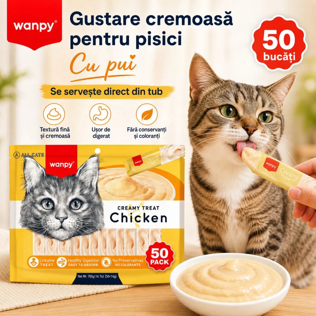 WANPY Creamy Treat Pui punguță recompense pisici (piure) 700g