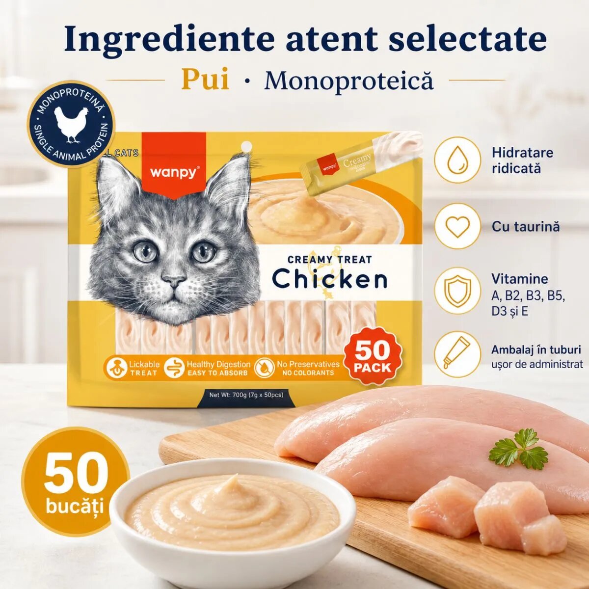 WANPY Creamy Treat Pui punguță recompense pisici (piure) 700g