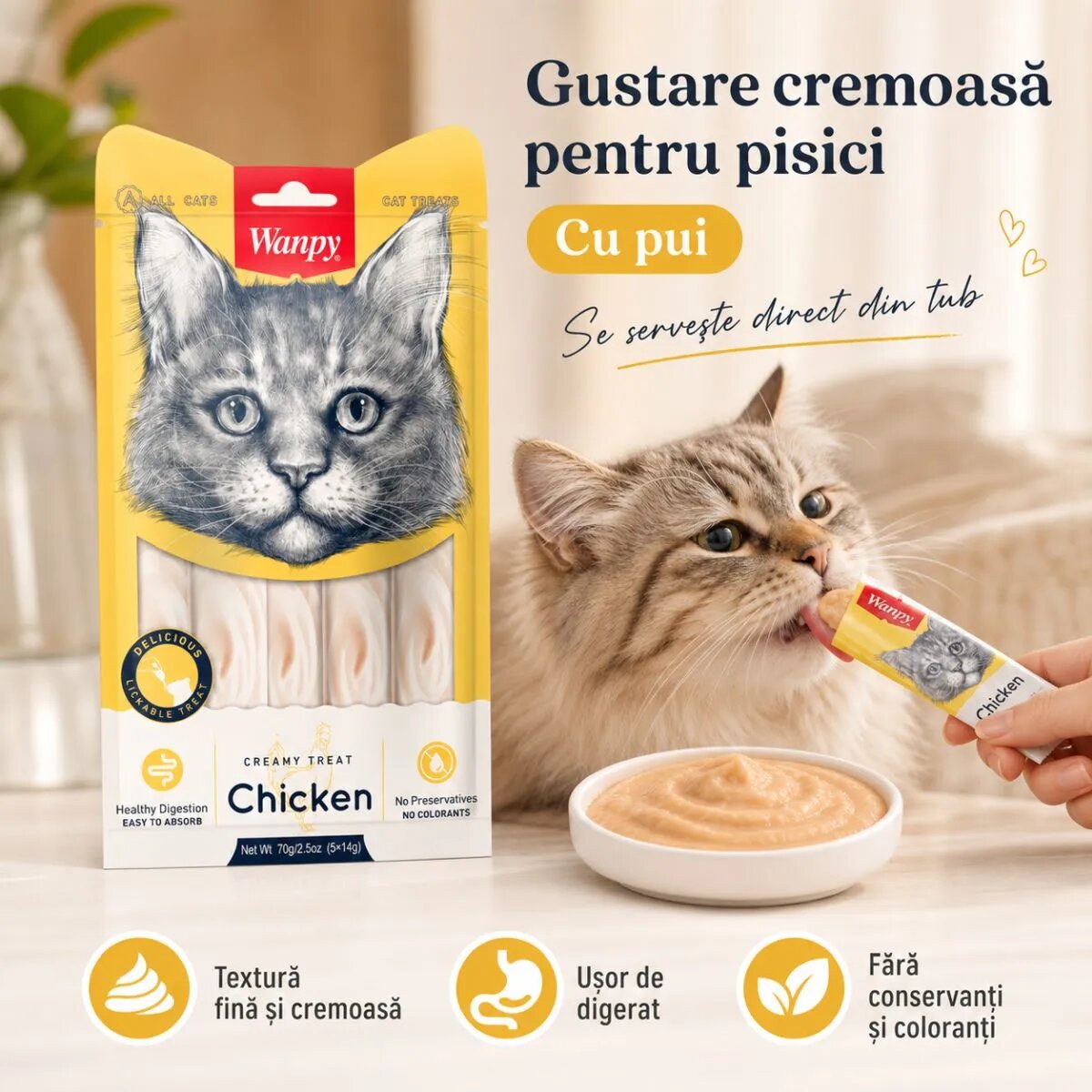 WANPY Creamy Treat Pui punguță recompense pisici (piure) 70g