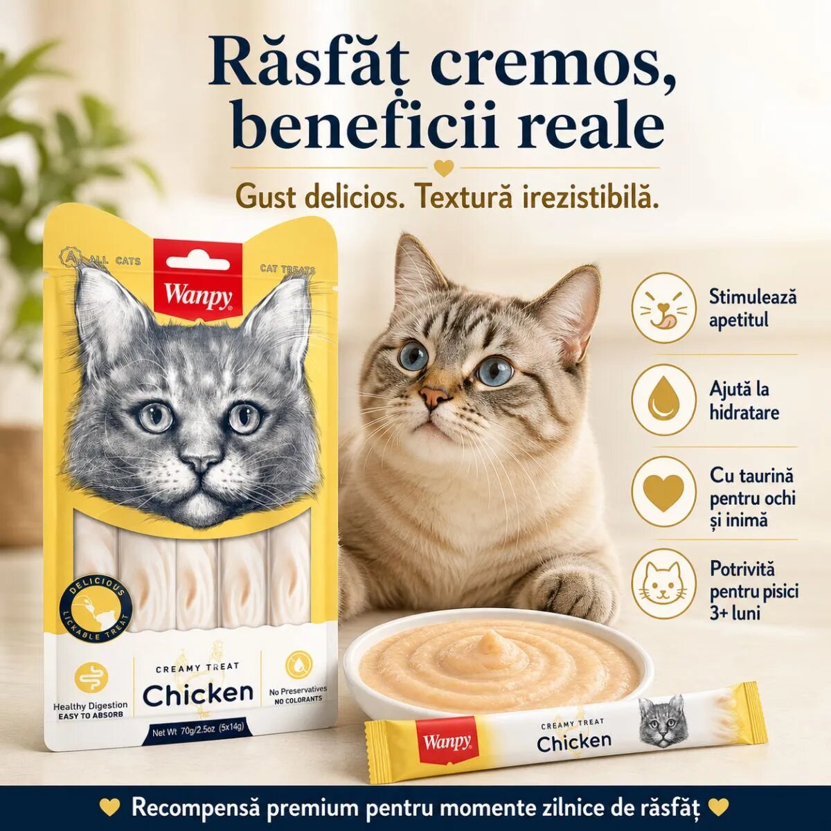 WANPY Creamy Treat Pui punguță recompense pisici (piure) 70g