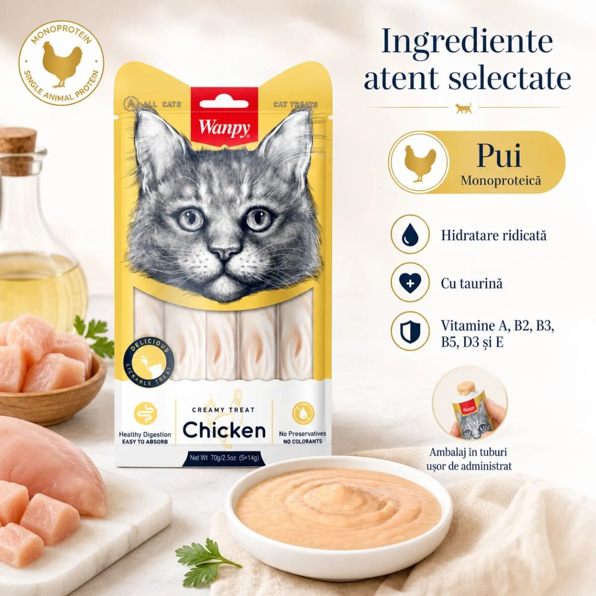 WANPY Creamy Treat Pui punguță recompense pisici (piure) 70g