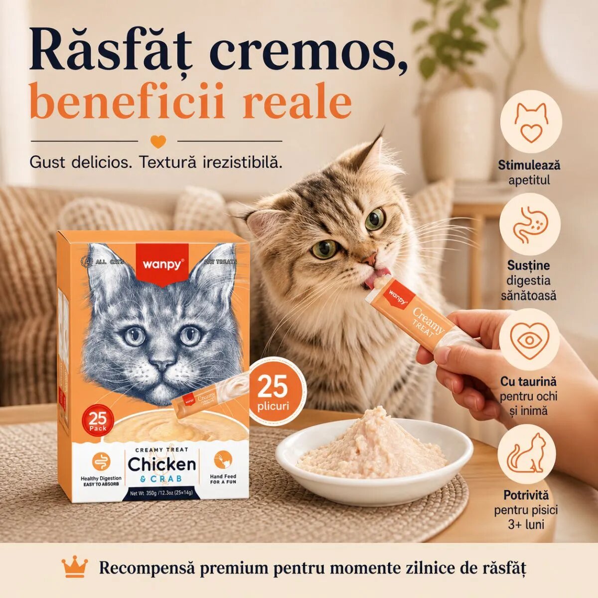 WANPY Creamy Treat Pui și Crab punguță recompense pisici (piure) 350g