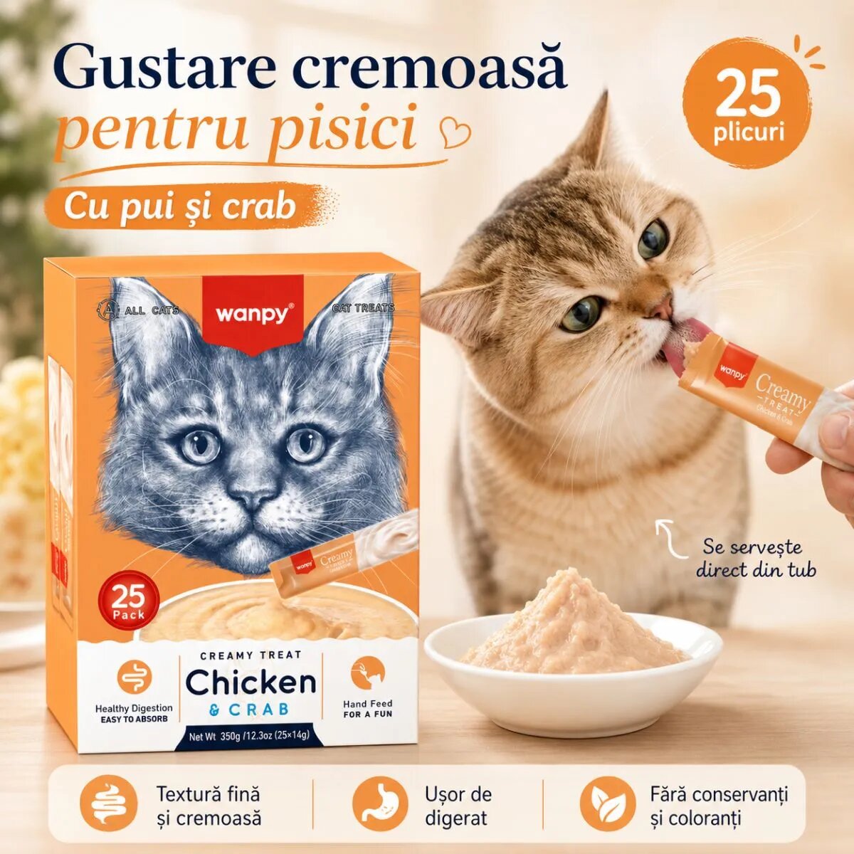 WANPY Creamy Treat Pui și Crab punguță recompense pisici (piure) 350g