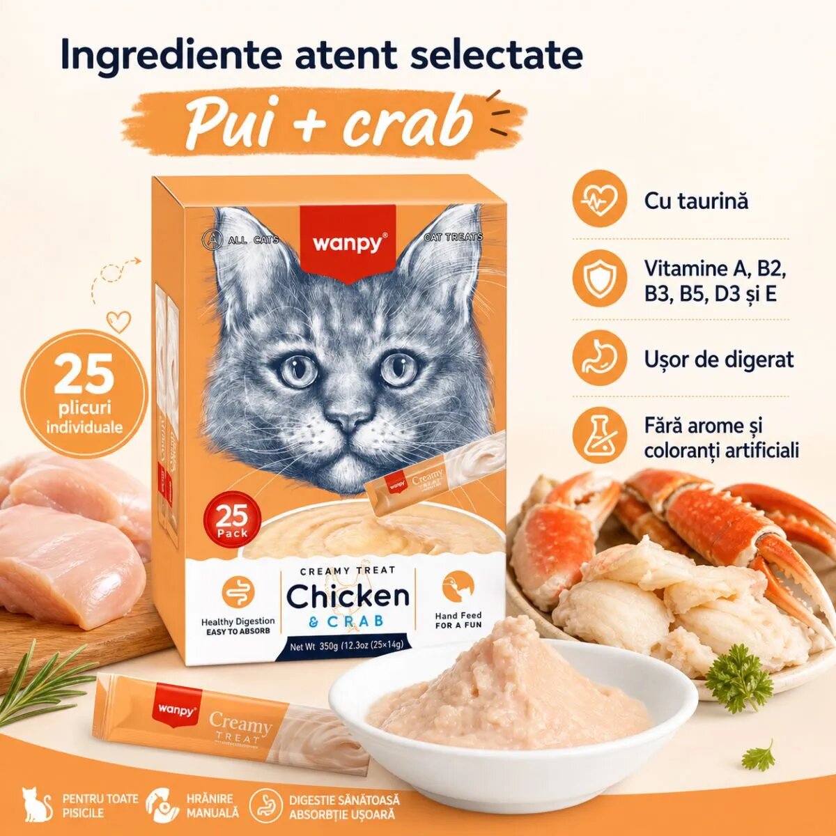 WANPY Creamy Treat Pui și Crab punguță recompense pisici (piure) 350g