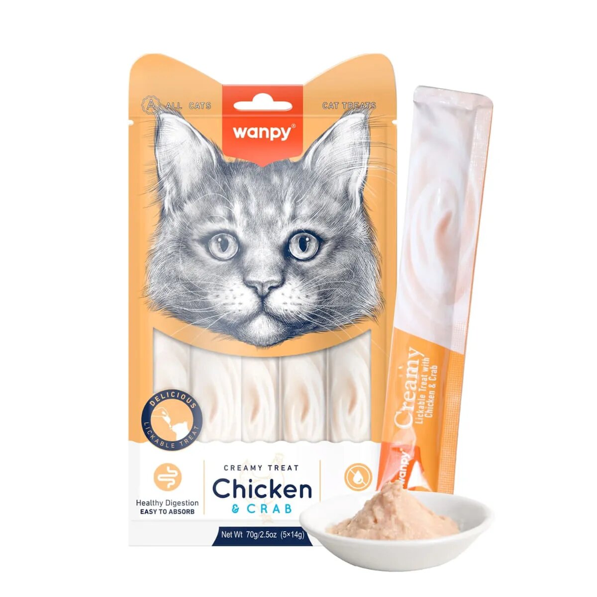 WANPY Creamy Treat Pui și Crab punguță recompense pisici (piure) 70g