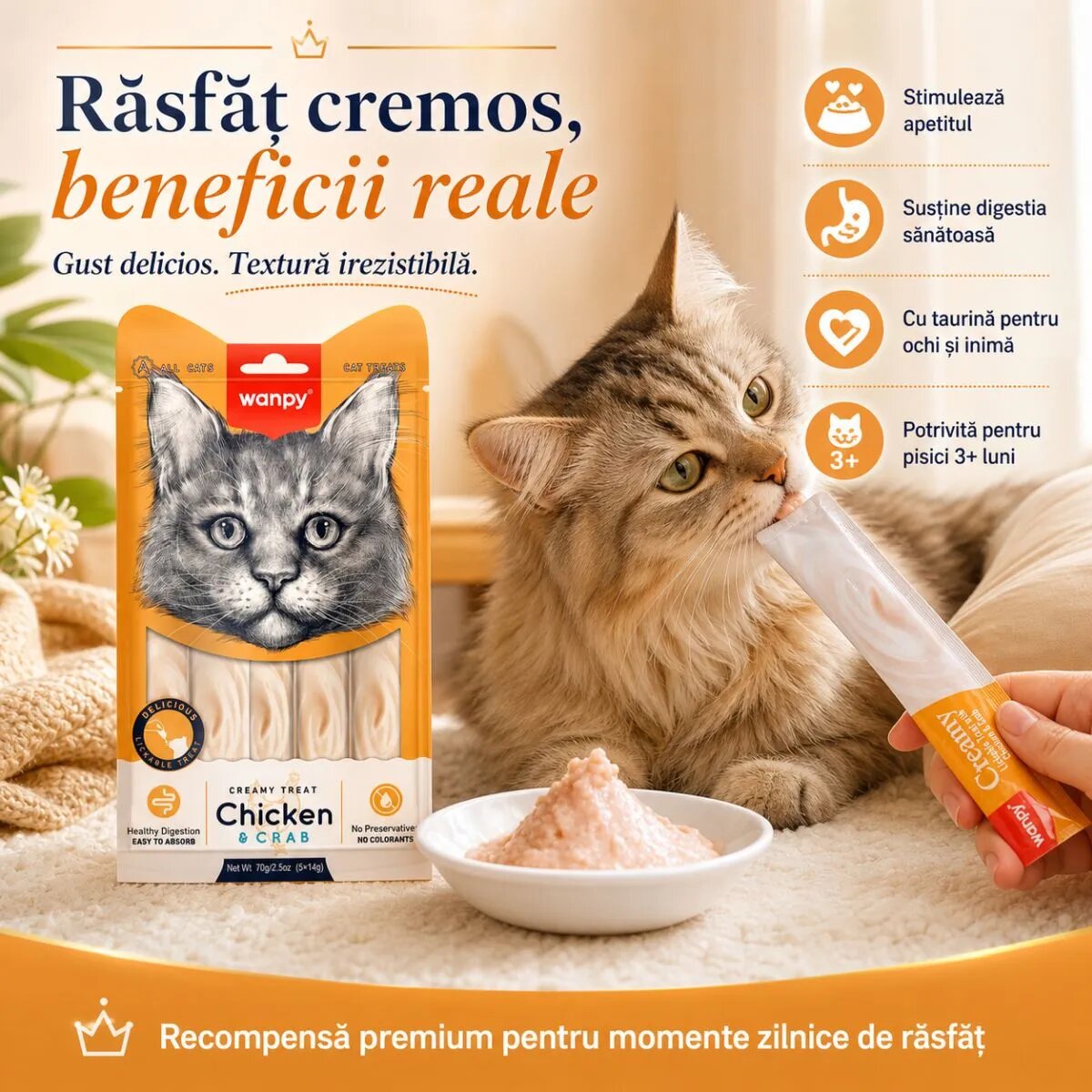 WANPY Creamy Treat Pui și Crab punguță recompense pisici (piure) 70g