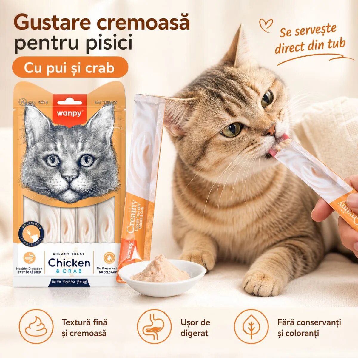 WANPY Creamy Treat Pui și Crab punguță recompense pisici (piure) 70g