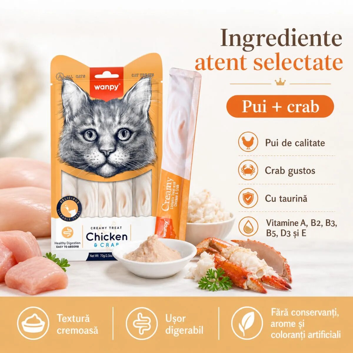 WANPY Creamy Treat Pui și Crab punguță recompense pisici (piure) 70g