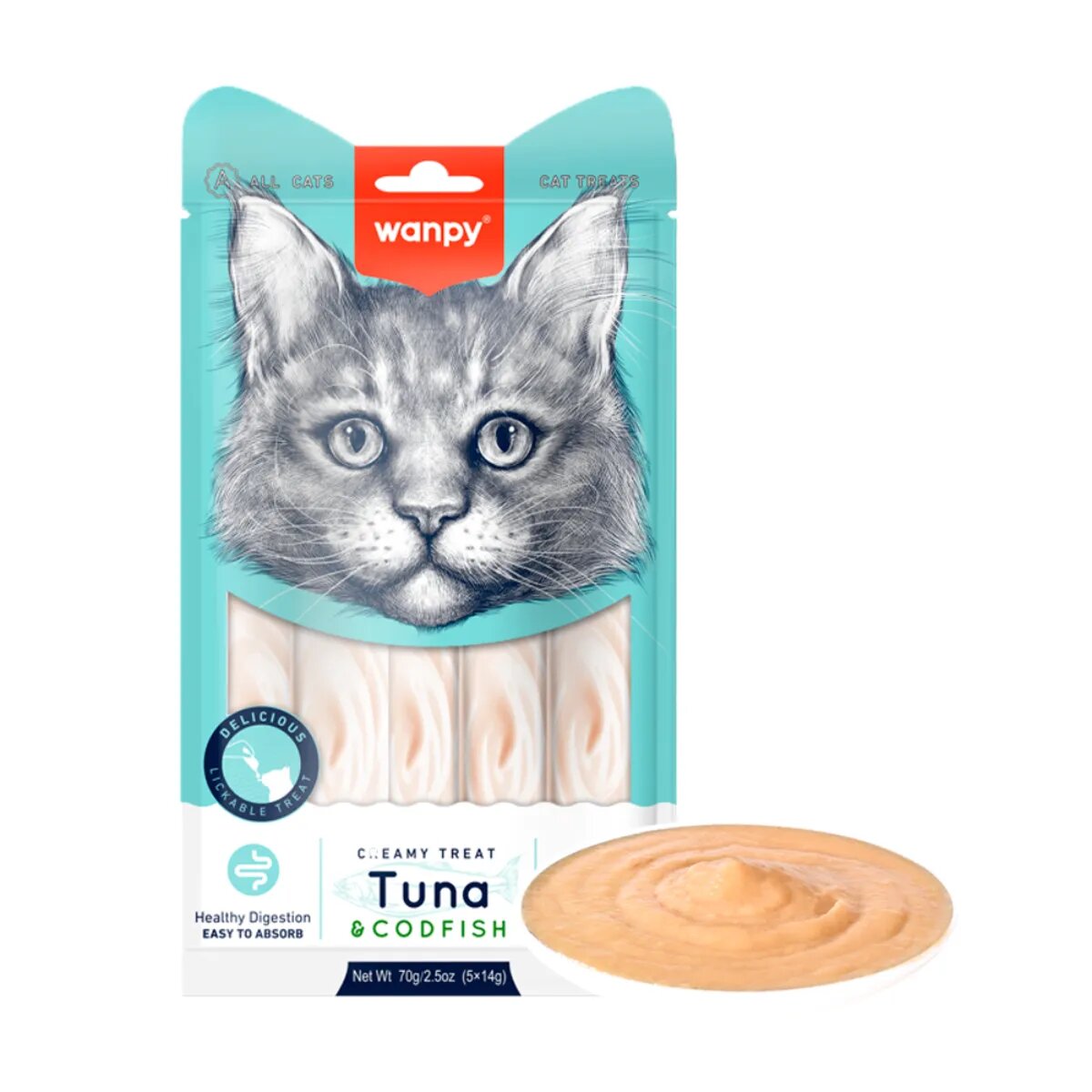 WANPY Creamy Treat Ton și Cod punguță recompense pisici (piure) 350g