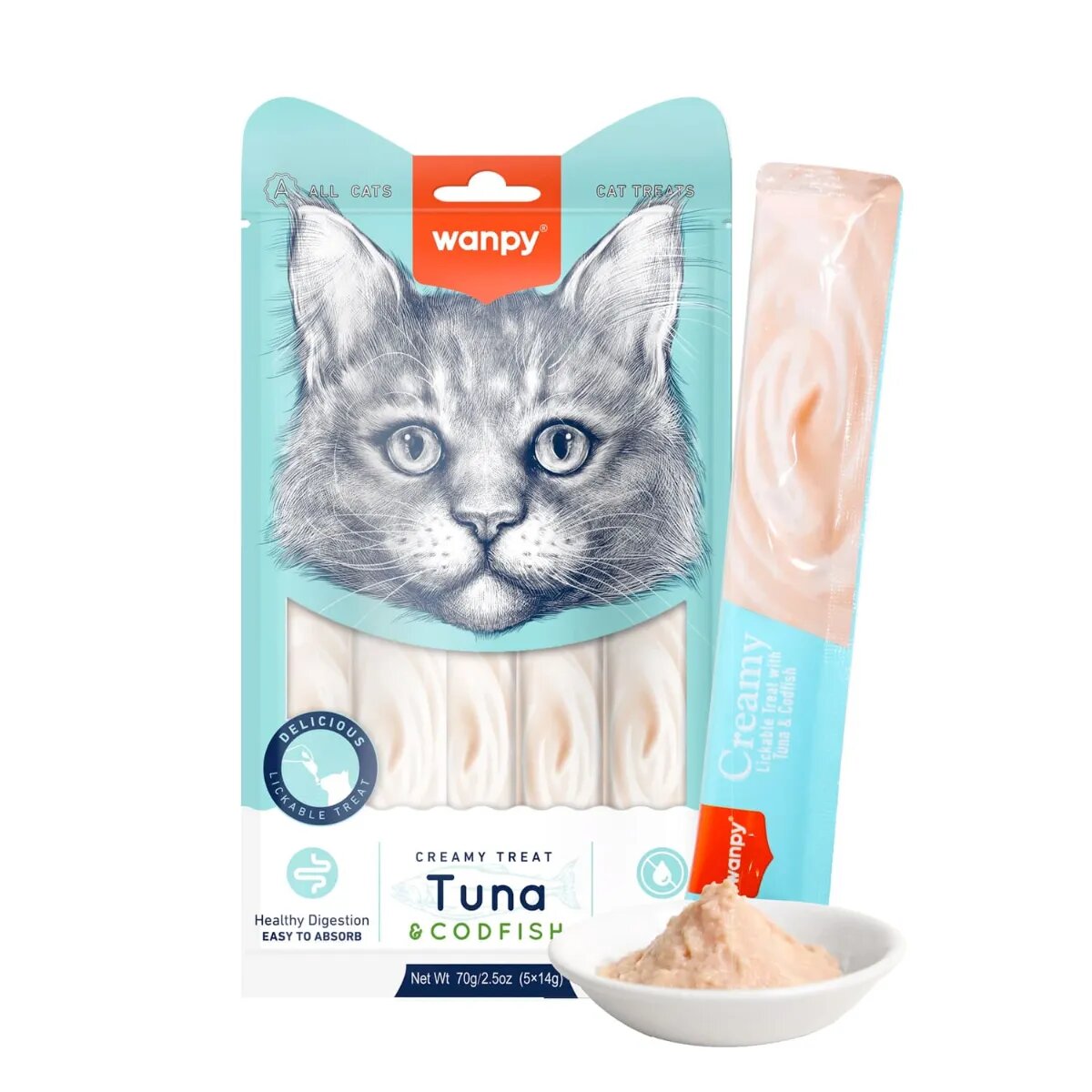 WANPY Creamy Treat Ton și Cod punguță recompense pisici (piure) 70g