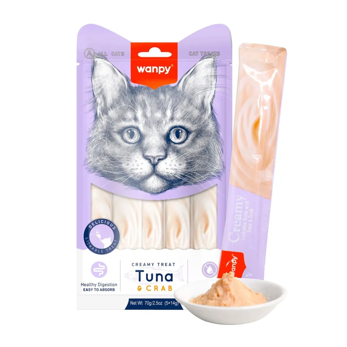 WANPY Creamy Treat Ton și Crab punguță recompense pisici (piure) 70g