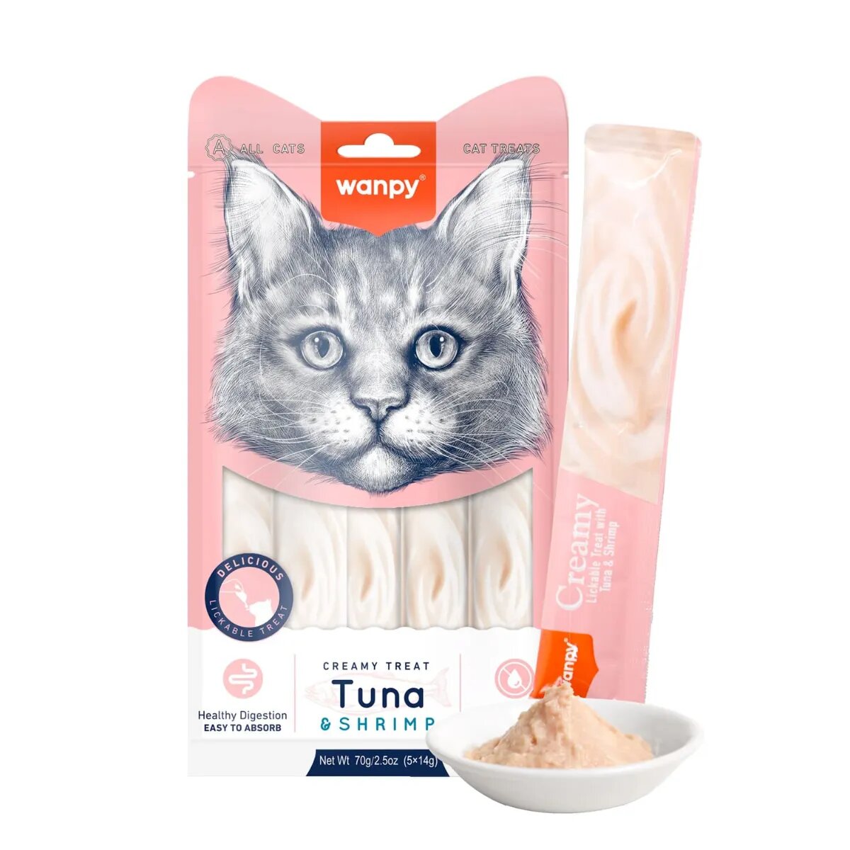 WANPY Creamy Treat Ton și Creveți punguță recompense pisici (piure) 70g