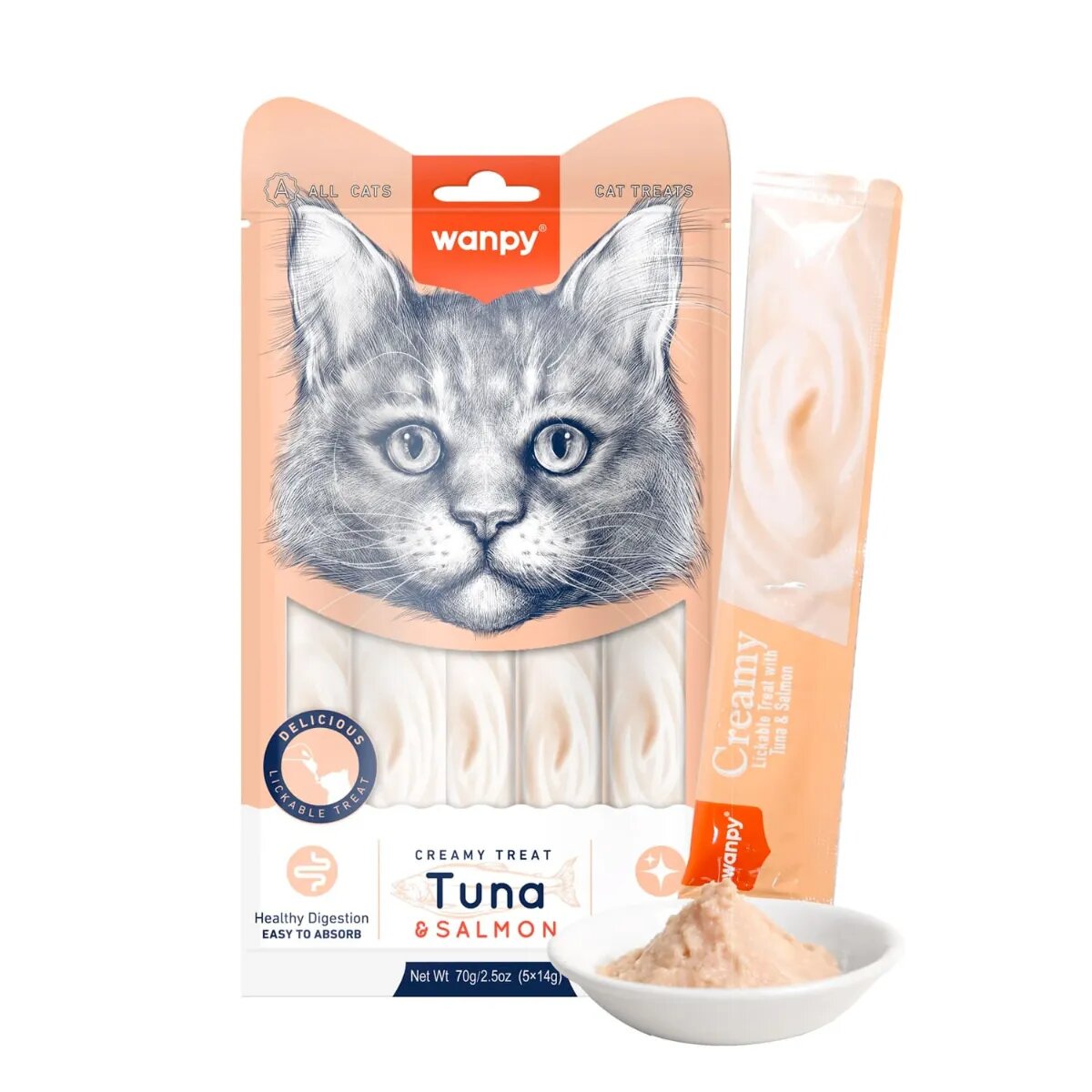 WANPY Creamy Treat Ton și Somon punguță recompense pisici (piure) 70g
