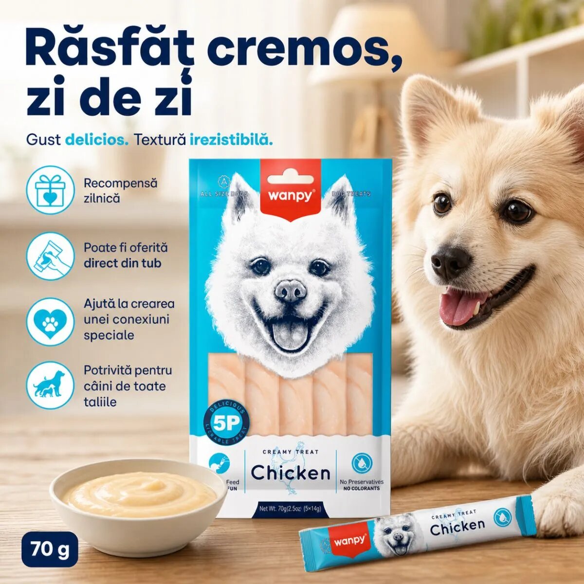 WANPY Creamy Treat XS-XL Pui punguță recompense câini (piure) 70g