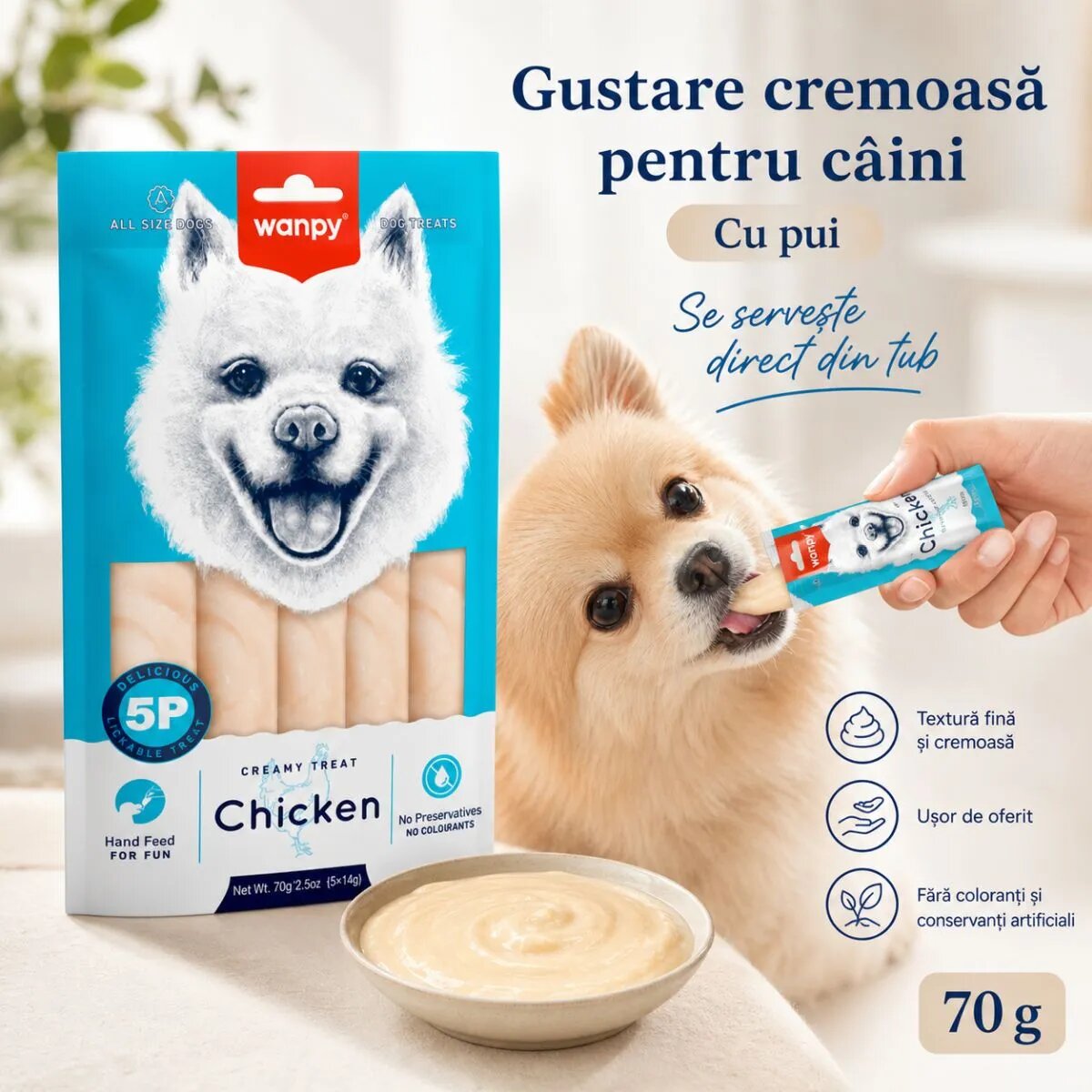 WANPY Creamy Treat XS-XL Pui punguță recompense câini (piure) 70g