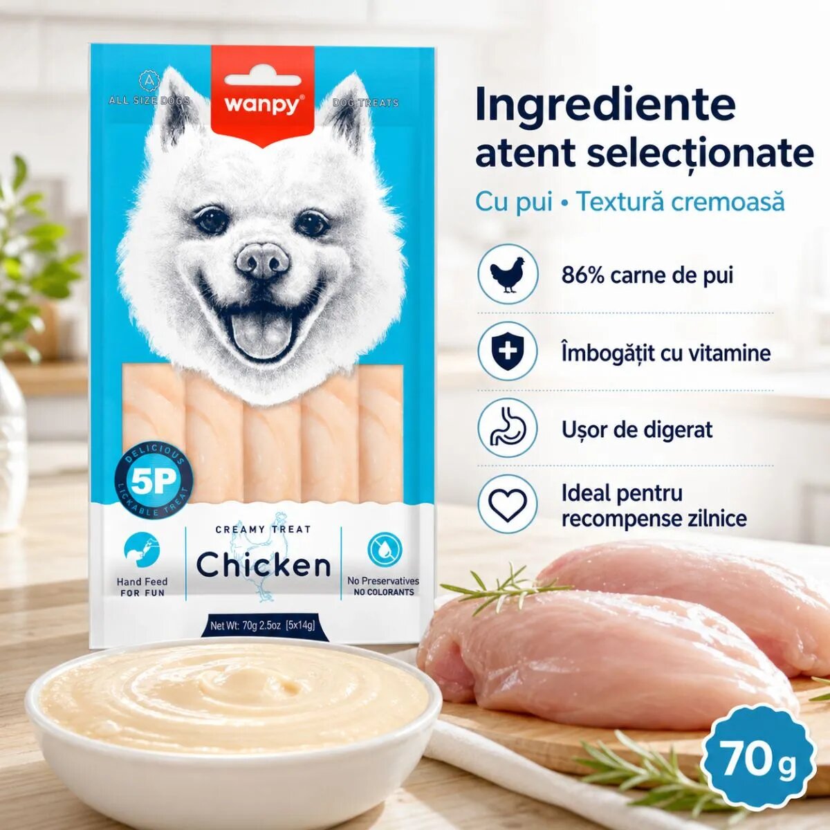 WANPY Creamy Treat XS-XL Pui punguță recompense câini (piure) 70g