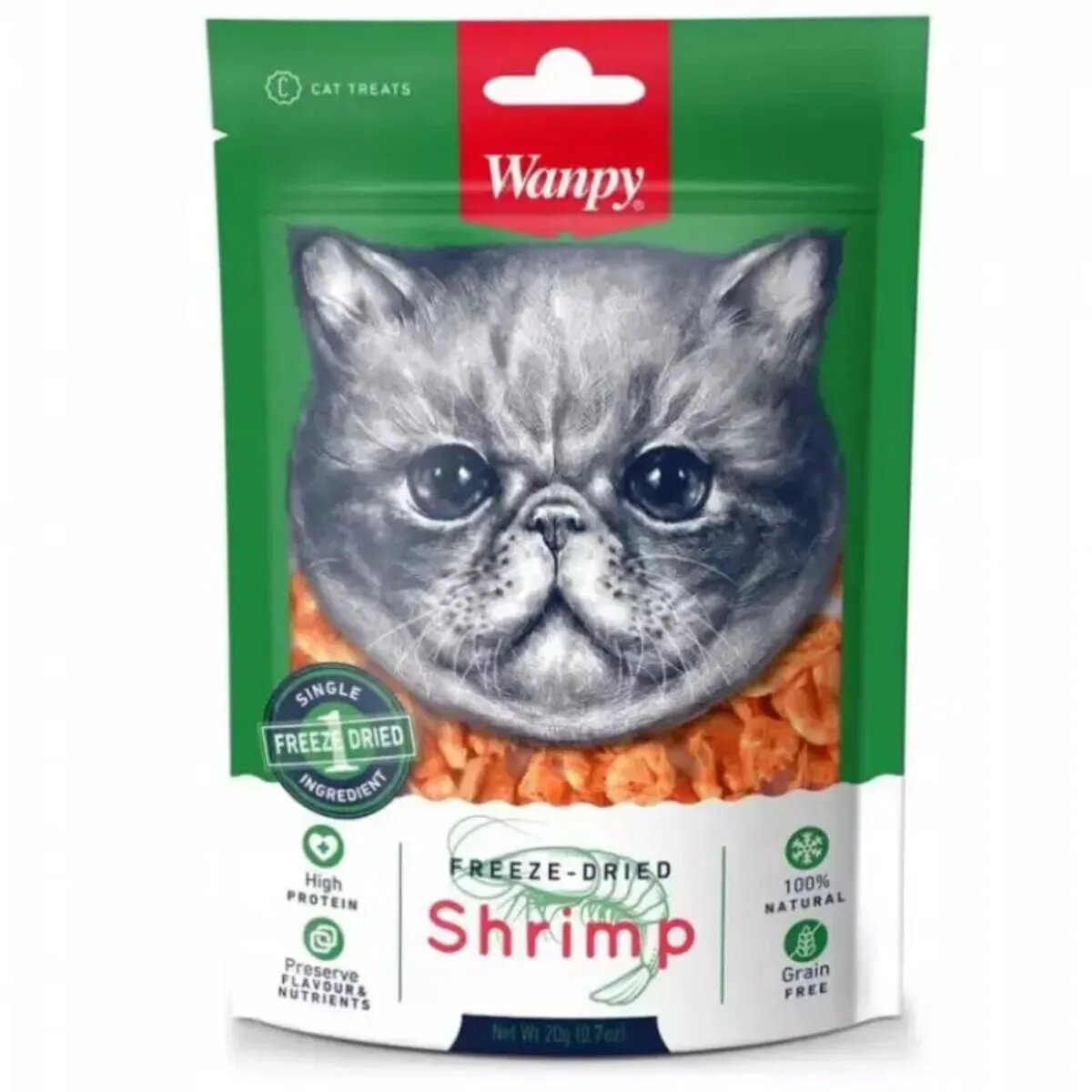 WANPY Freeze Dried Creveți punguță recompense monoproteice pisici 20g