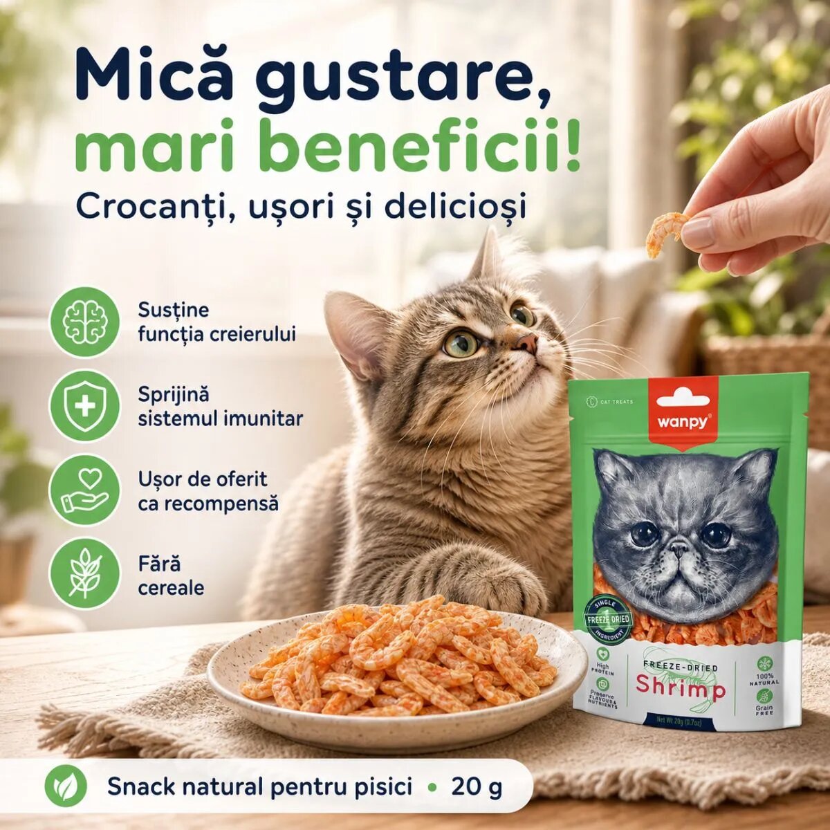 WANPY Freeze Dried Creveți punguță recompense monoproteice pisici 20g