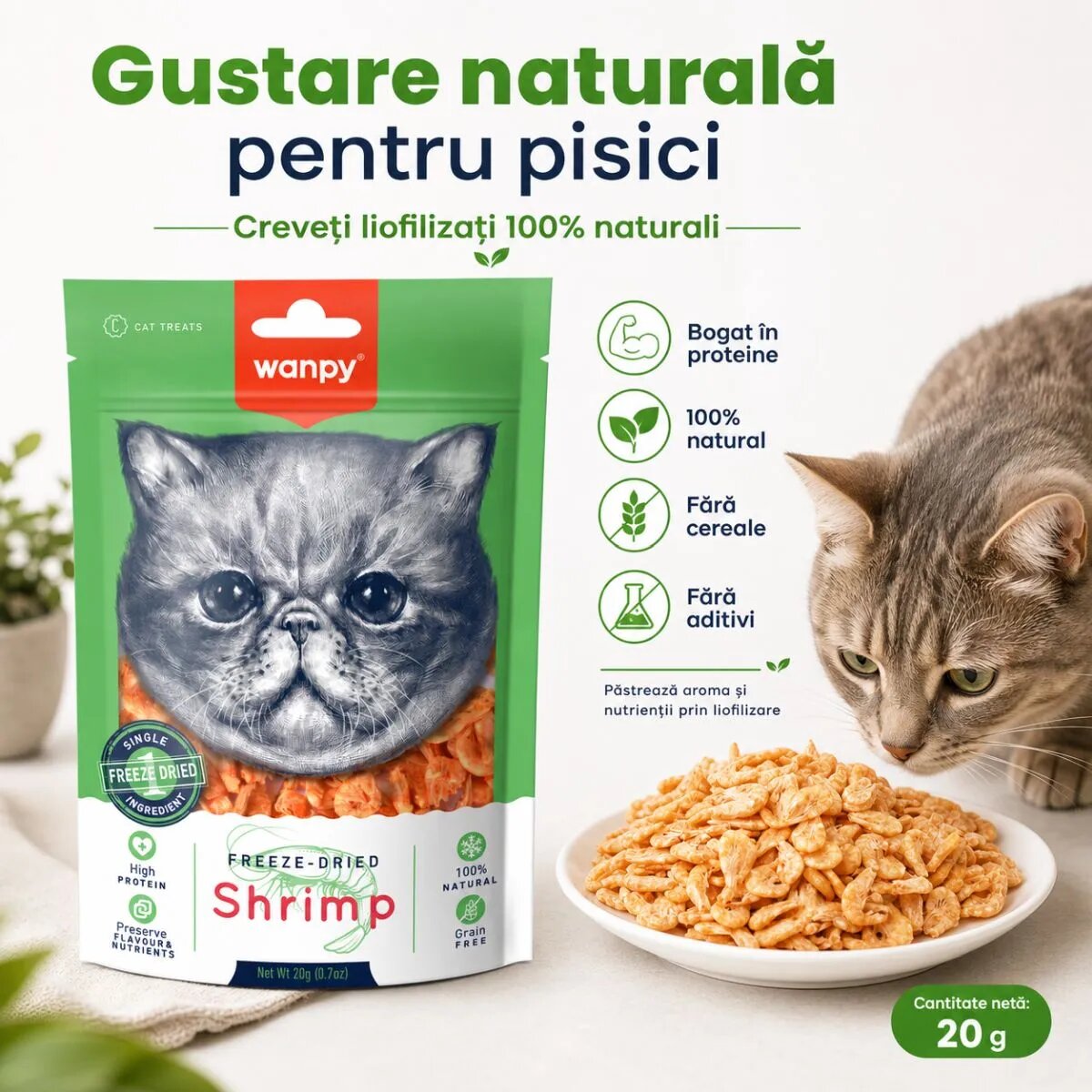 WANPY Freeze Dried Creveți punguță recompense monoproteice pisici 20g