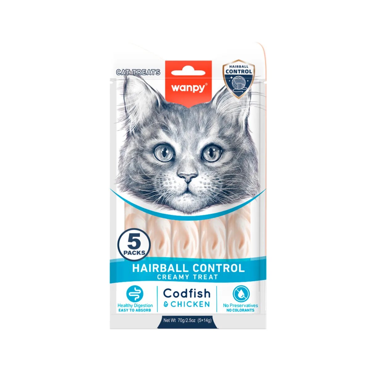 WANPY Hairball Control Cod și Pui punguță recompense funcționale fără cereale pisici limitarea ghemurilor de blană (piure) 70g