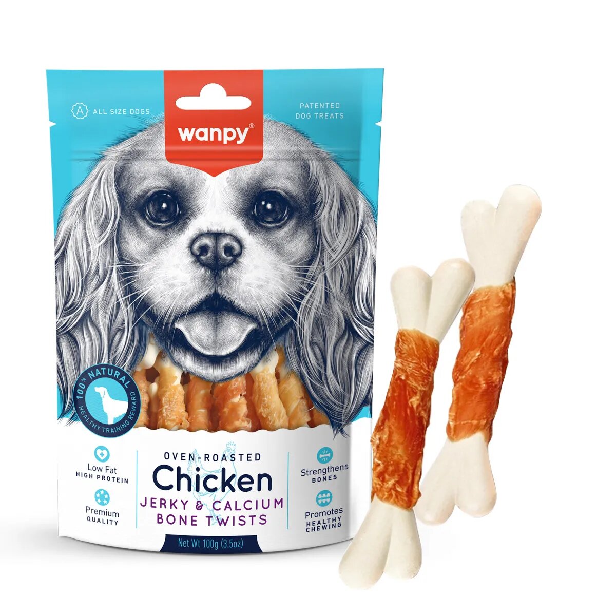 WANPY Jerky and Calcium Bone Twists XS-M Pui punguță recompense câini 100g