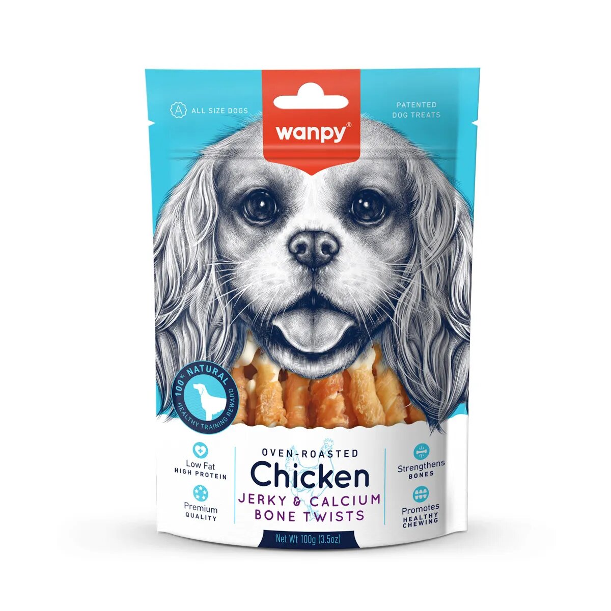 WANPY Jerky and Calcium Bone Twists XS-M Pui punguță recompense câini 100g
