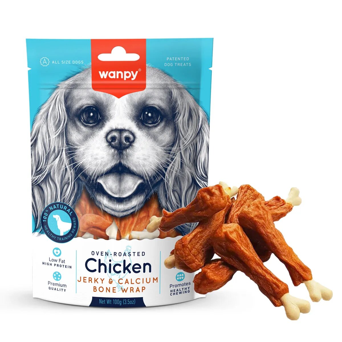 WANPY Jerky and Calcium Bone Wrap XS-M Pui punguță recompense câini 100g