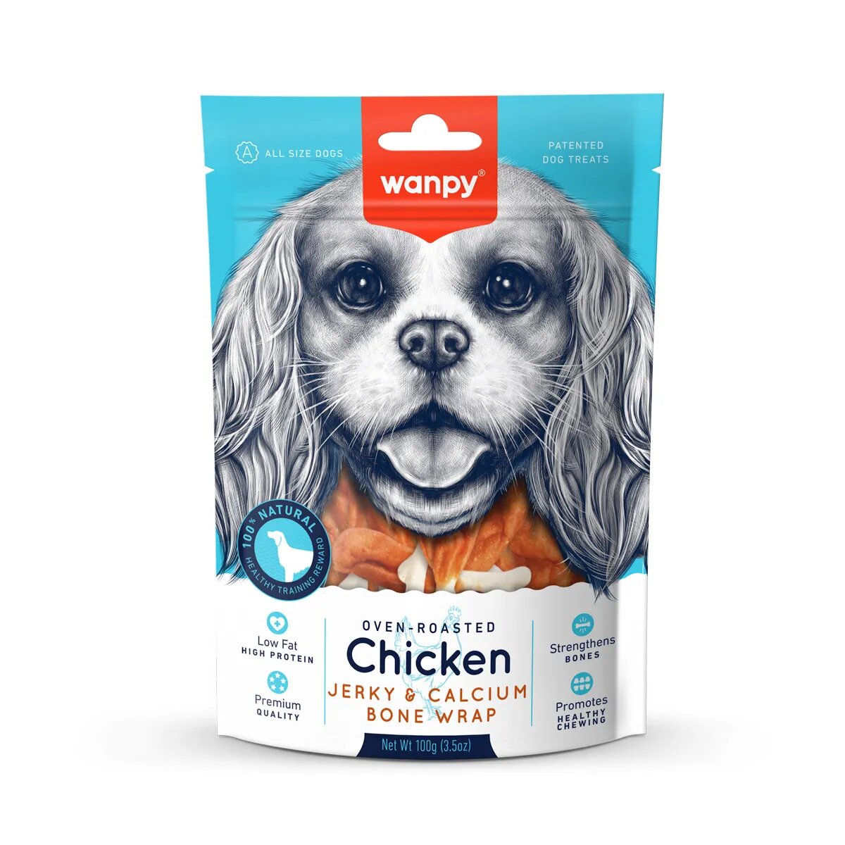 WANPY Jerky and Calcium Bone Wrap XS-M Pui punguță recompense câini 100g