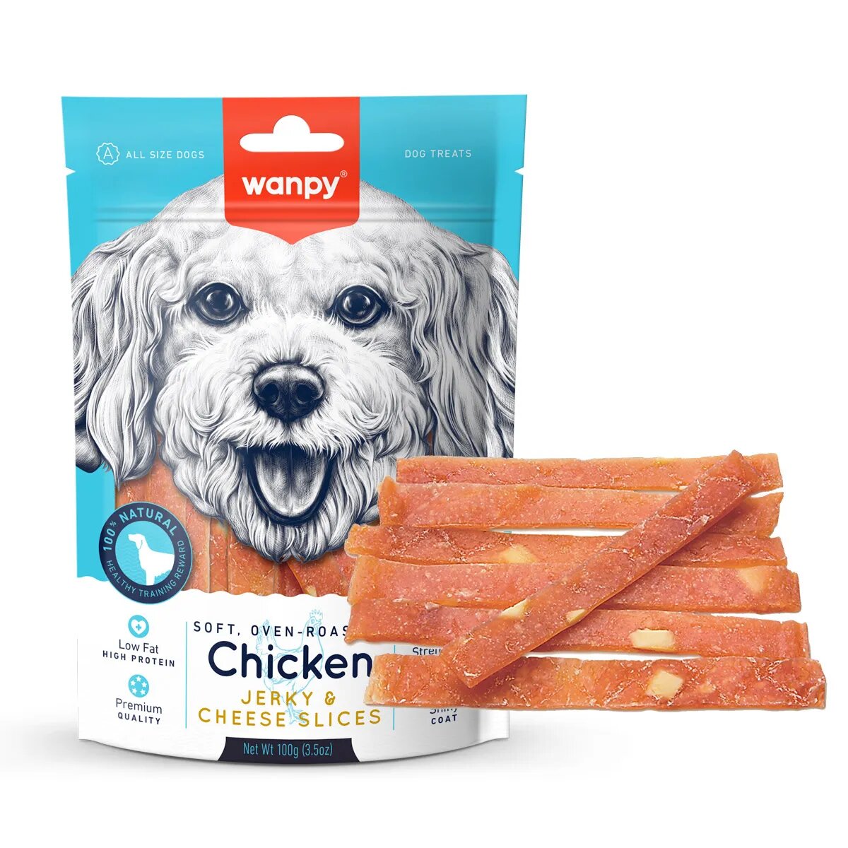 WANPY Jerky & Cheese Slices XS-M Pui și Brânză punguță recompense câini (carne uscată) 70g Jerky & Cheese Slices XS-M Pui și Brânză punguță recompense câini (carne uscată) 70g