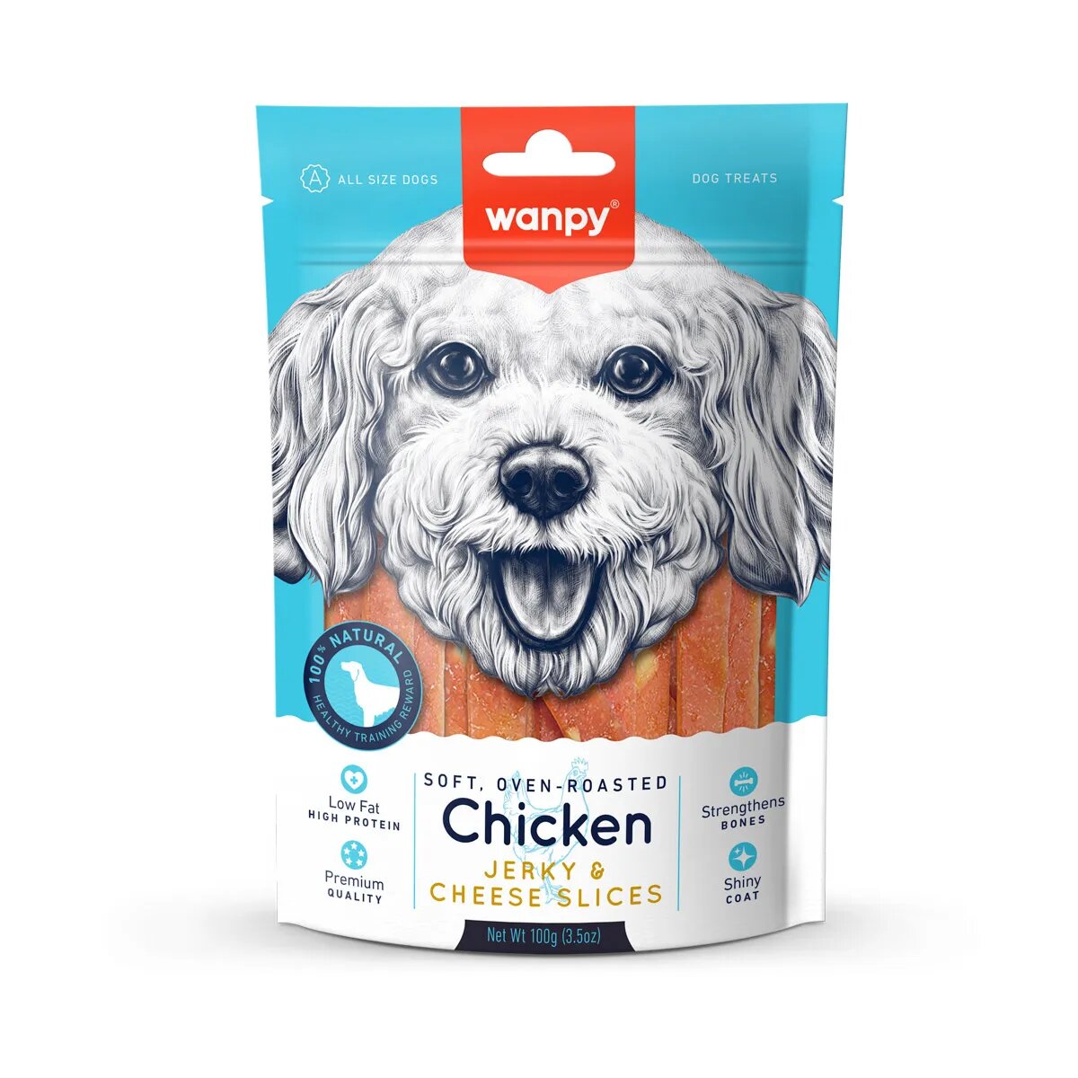 WANPY Jerky & Cheese Slices XS-M Pui și Brânză punguță recompense câini (carne uscată) 70g Jerky & Cheese Slices XS-M Pui și Brânză punguță recompense câini (carne uscată) 70g