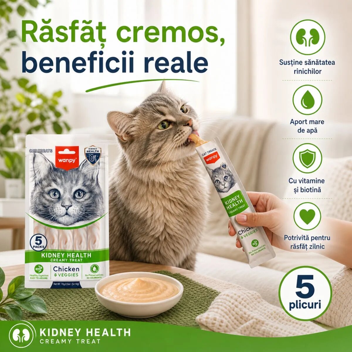 WANPY Kidney Health Creamy Treat Pui și Legume punguță recompense funcționale pisici sistem renal (piure) 70g