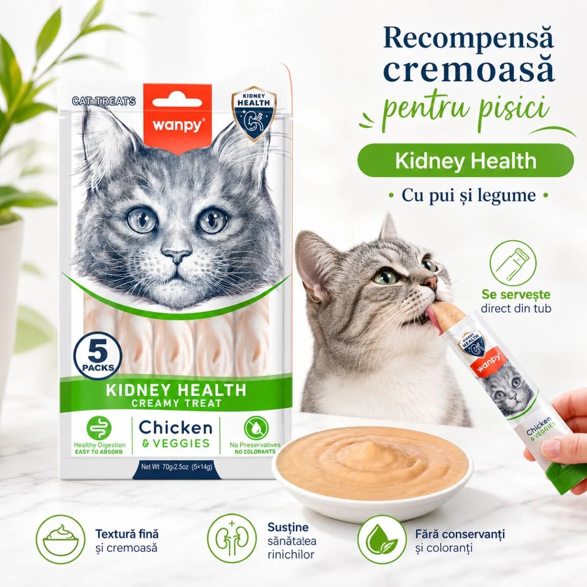 WANPY Kidney Health Creamy Treat Pui și Legume punguță recompense funcționale pisici sistem renal (piure) 70g