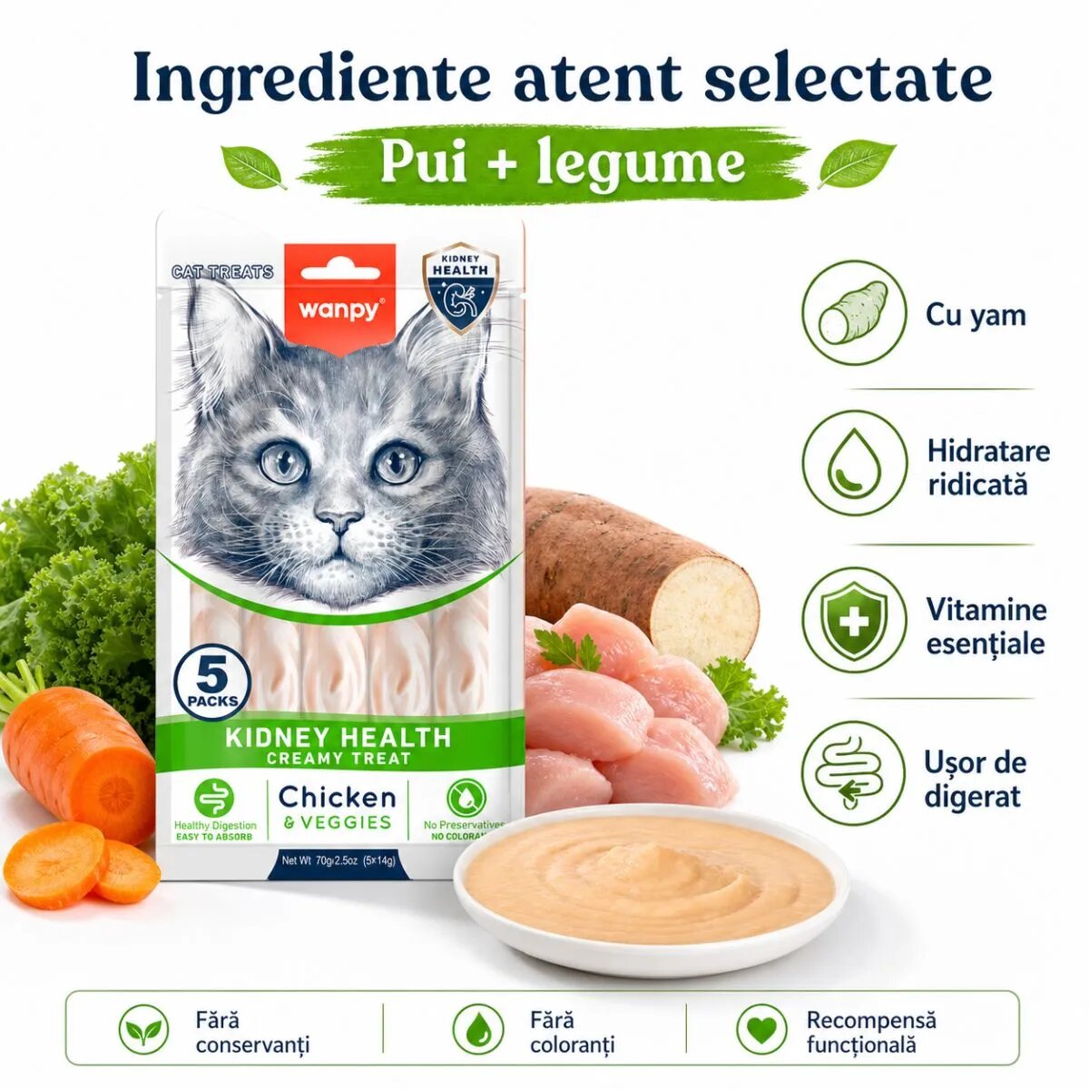 WANPY Kidney Health Creamy Treat Pui și Legume punguță recompense funcționale pisici sistem renal (piure) 70g