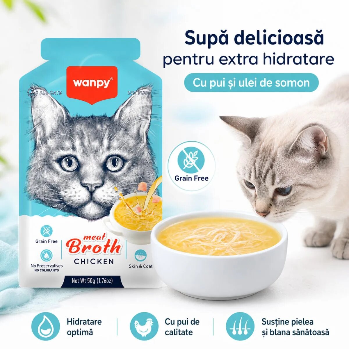 WANPY Meat Broth Pui plic hrană umedă pisici (supă) 50g