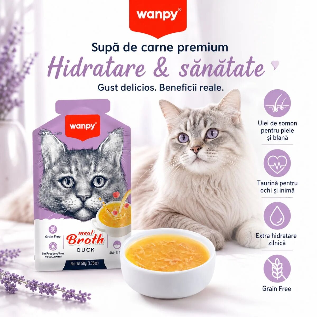 WANPY Meat Broth Rață plic hrană umedă pisici (supă) 50g