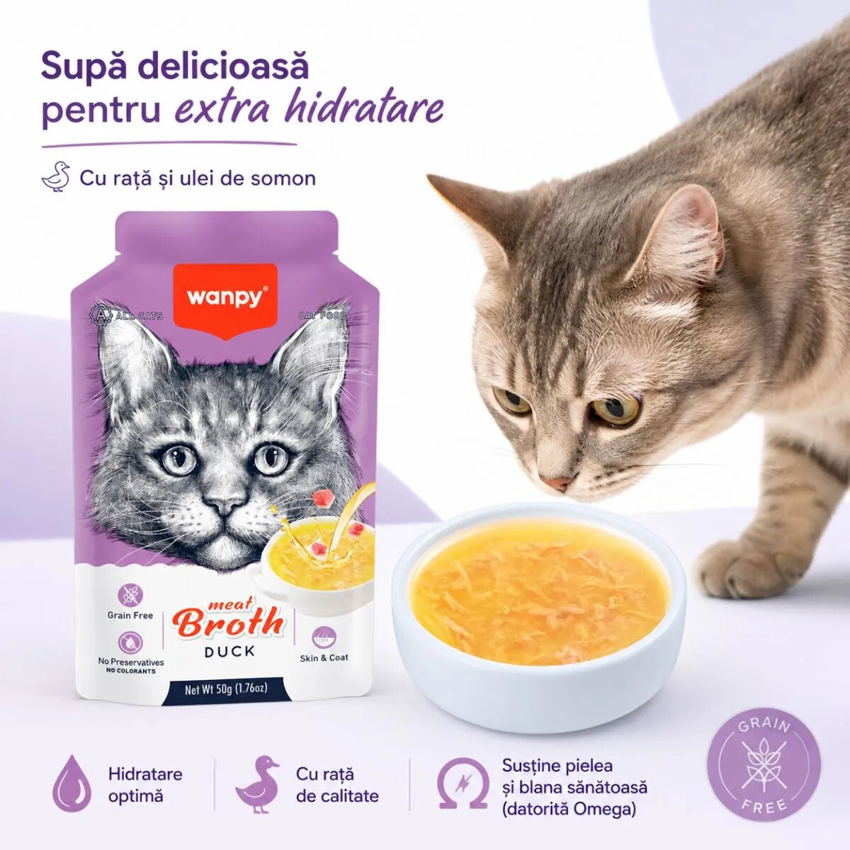 WANPY Meat Broth Rață plic hrană umedă pisici (supă) 50g